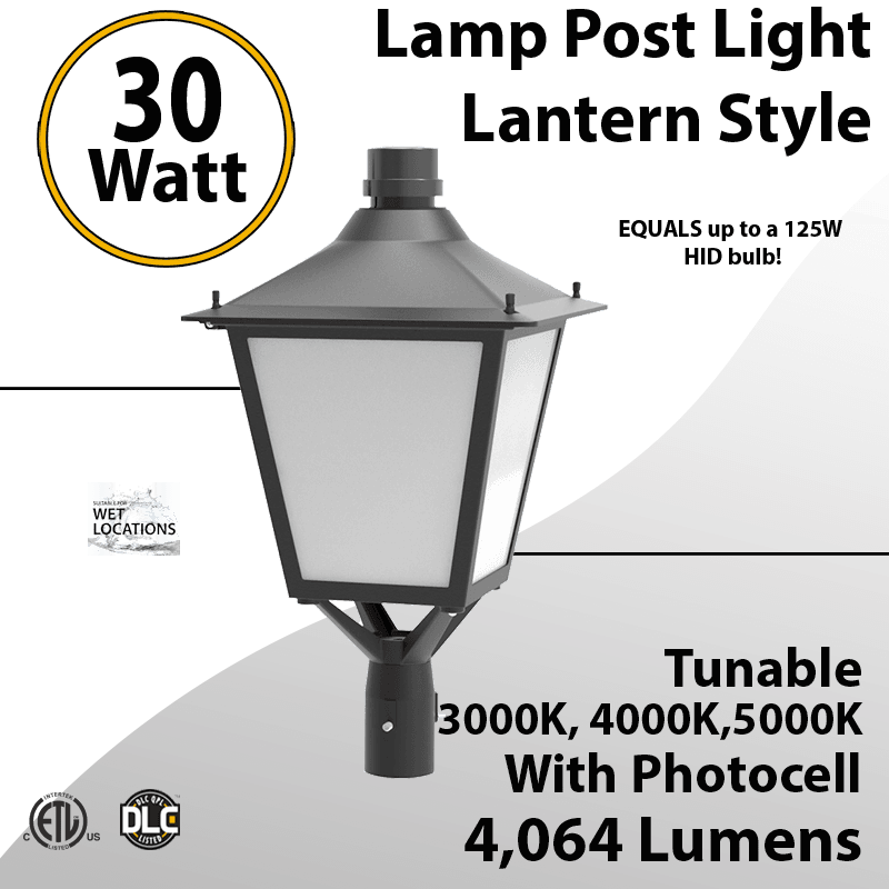 LED Post Light 30W LED Lantern Style 4064Lm 3000K 4000K 5000K Photocell — image 1