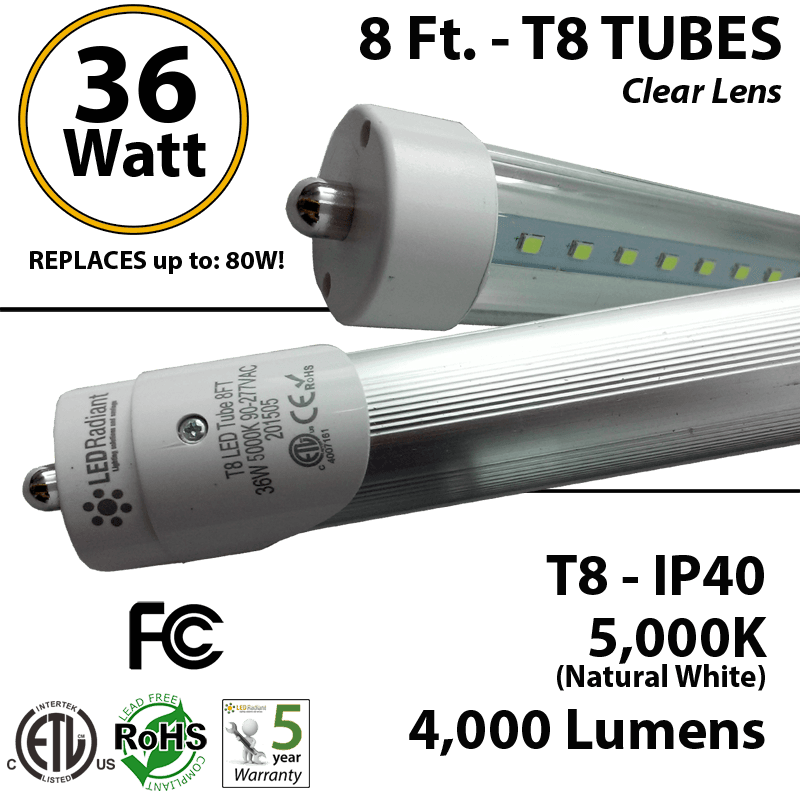 8 Ft. LED T8 Tube light 36W 4000Lm 5000K IP40 Clear Lens ETL