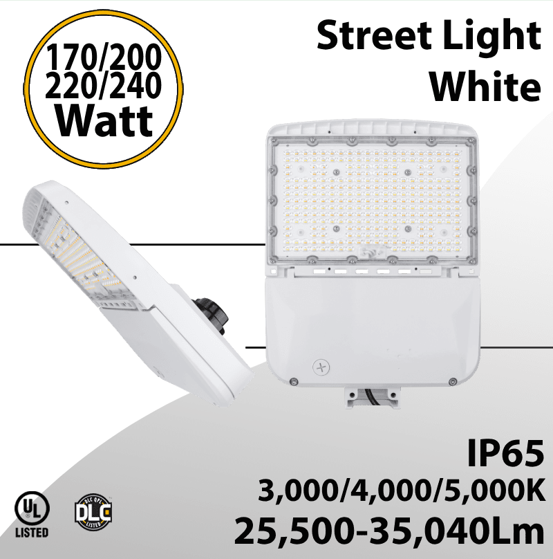 Street Light White Finish 170 to 240W - CCT 3/4/5000k Up to 35,040Lm