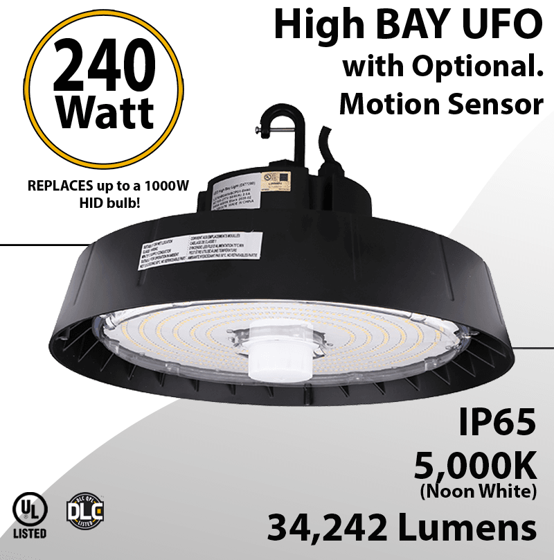 UFO Light LED High Bay 240W Optional Motion Sensor 34242Lm 5000K UL & DLC