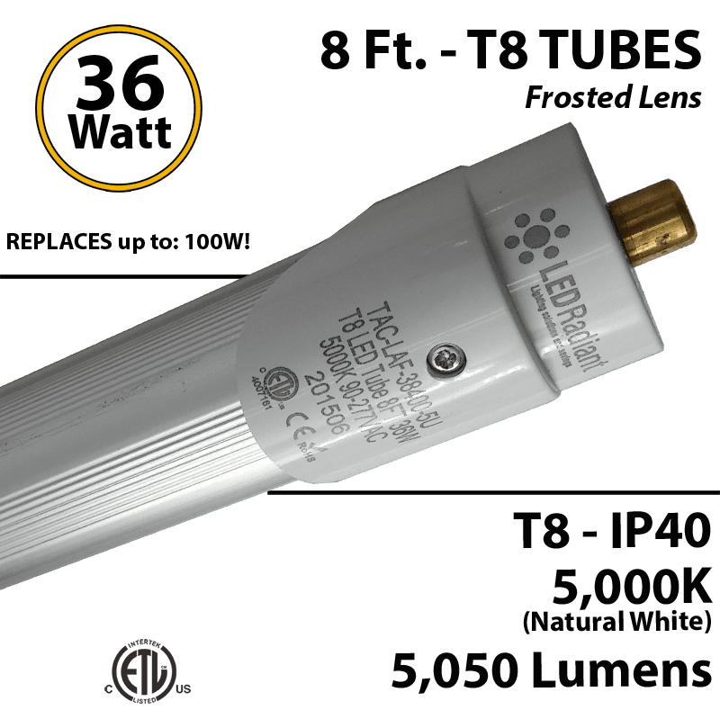 8ft LED Tube light T8 36W 5050Lm 5000K IP40 Frosted Lens