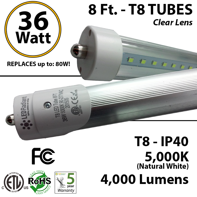 terugvallen Geweldig pijp 8 FT T8 LED Tube light 36W 4000Lm 5000K IP40 Clear Lens ETL | LEDRadiant