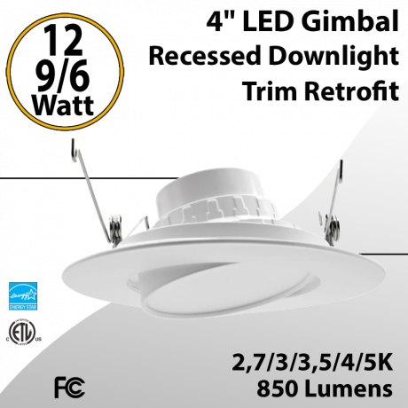 LED Gimbal Recessed Downlight Trim Retrofit 4" 12/9/6W 5CCT 850Lm