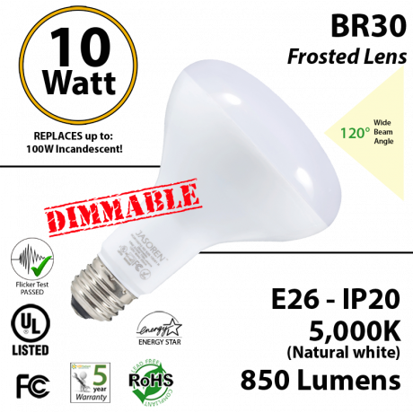 BR30 10W 850Lm Dimmable Frosted Lens 120° Beam Angle 5000K UL & Energy Star