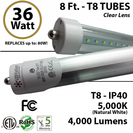 LED 8 Foot T8 Tube light 36 Watt 4000Lm 5000K IP40 Clear Lens ETL