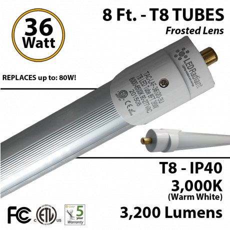 8Ft LED Tubes 36W T8 3200Lm 3000K Frosted IP40 Fluorescent replacement