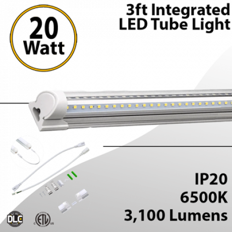 Integrated Industrial LED tube Light 3Ft 20W Clear Lens 3100Lm 6500K 