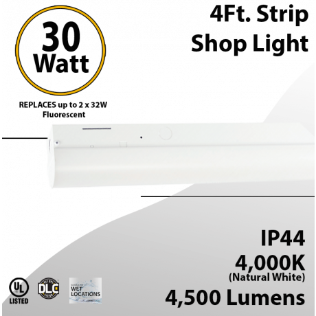 4Ft LED shop light 30W 4000K 4500 Lumens 0-10V Dimmable