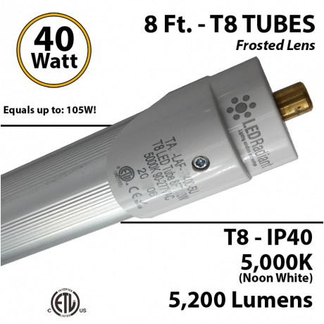 8Ft T8 LED Tube 40 Watt 5200Lm 5000K IP40 Frosted Lens