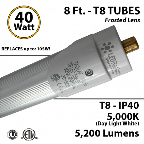 8Ft LED light 40 Watt 5200Lm 5000K IP40 Frosted Lens UL DLC