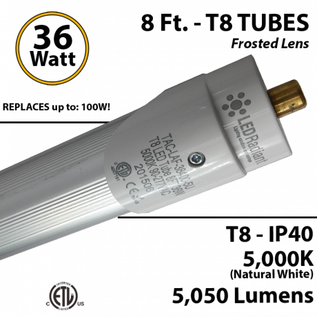 8ft LED Tube light T8 36W 5050Lm 5000K IP40 Frosted Lens