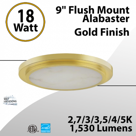 Flush Mount Alabaster 9" LED Ceiling Light, Gold Finish 18W 1530Lm 5CCT