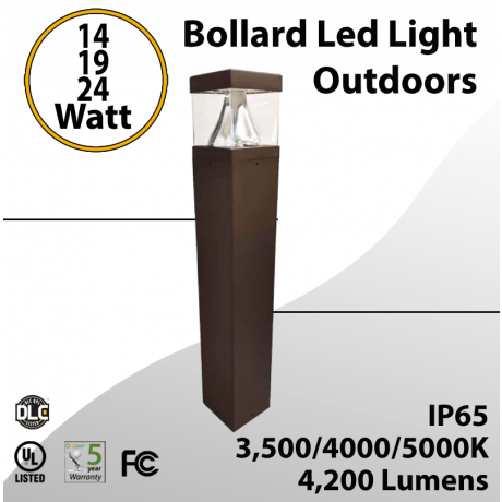 Bollard Led Light Outdoors Square 14/19/24W Selectable 4200Lm 3CCT (LED)
