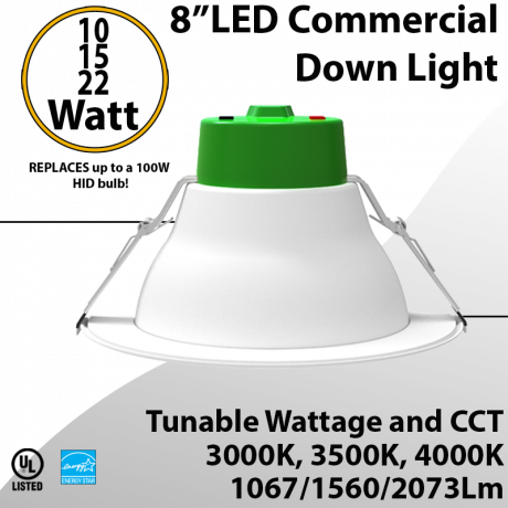 LED Downlight 8 inch 10W//15W/22W 1067/1560/2073Lm 30K/35K/40K 0-10V Dimmable