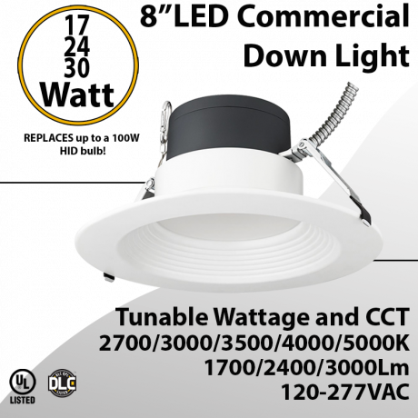 LED commercial down light 8inch 17/24/30W 3000lm 100-277V 27/30/35/40/50K