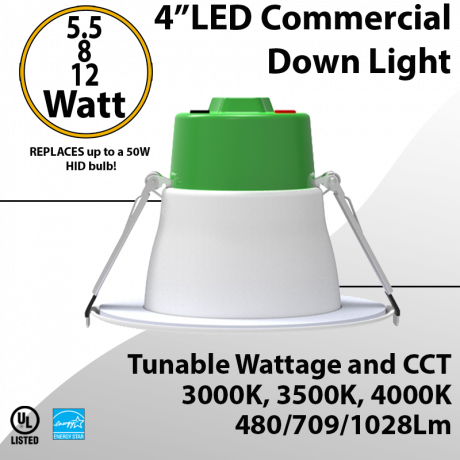 LED Downlight 4 inch 5.5W//8W/12W 480/709/1028Lm 30K/35K/40K 0-10V Dimmable