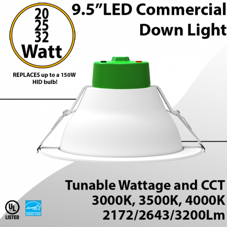 LED Downlight 9.5 inch 20W//25W/32W 2172/2643/3200Lm 30K/35K/40K 0-10V Dimmable