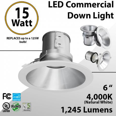 LED commercial down light 15w 6 inches 1245lm Energy Star dimmable