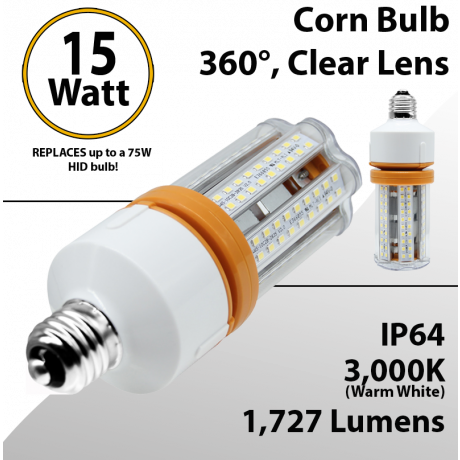 LED Corn Bulb 15 Watt 1727 Lm 3000K E26 IP64 ETL DLC