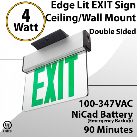 Exit Sign Edge-lit Battery Backup 2 Face Green