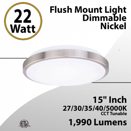 Kitchen Bedroom & Bathroom Ceiling LED 27-50K 22W 1990Lm 15" Nickel