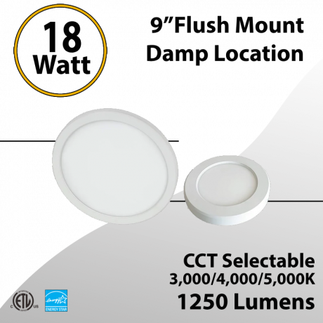 Flush Mount Light 9" 30/40/5000K 18W 1250Lm Damp Location (LED)