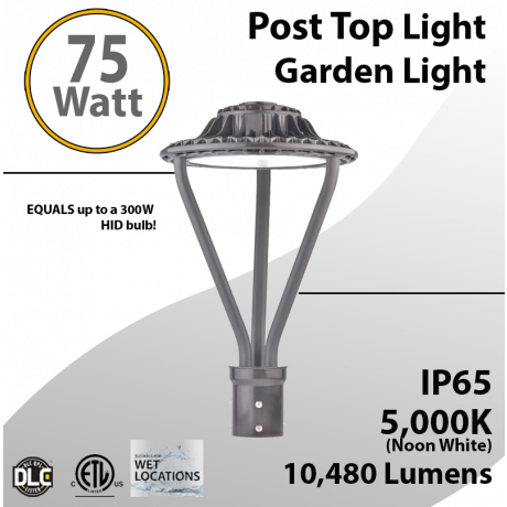Post-Top Garden Light 75W 10480Lm 5000K 5Kva Surge Suppressor