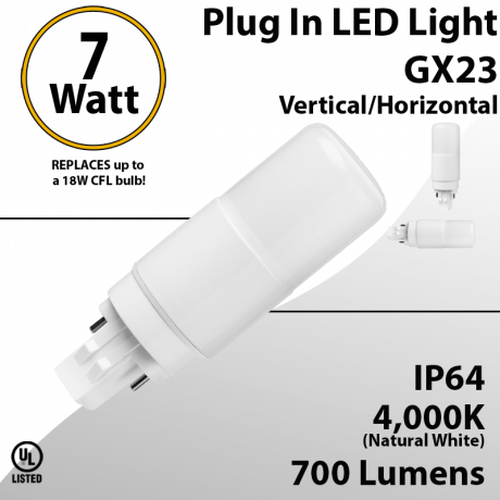 Plug In LED light GX23 7W 700Lm 4000K IP64 Direct Line or Magnetic Ballast