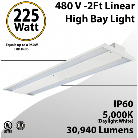 480V LED High Bay Light: 225W, 30,940 Lumens, 5000K, UL DLC Certified