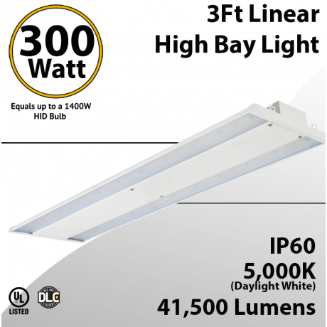 LED High Bay Light 300W, 3ft, 41500 Lumens, 5000K, UL DLC Certified