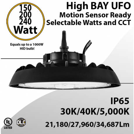 UFO Light LED High Bay 150/200/240W Motion Sensor Ready 30/40/ 5000K