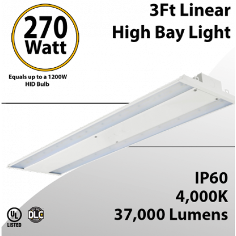 LED High Bay Light 270W 3Ft. 37000 Lumens, 4000K, UL DLC Certified 