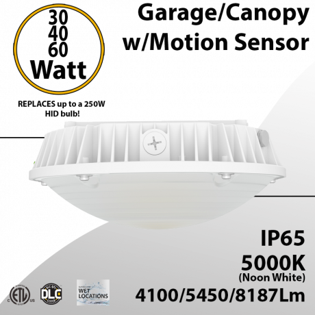 LED Canopy Light 30/40/60W with Motion Sensor 5000K 8187 Lumens UL DLC