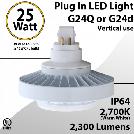 Plug In LED light G24Q or G24D 25W 2300Lm 2700K IP64 UL. Direct Line (Remove Ballast)