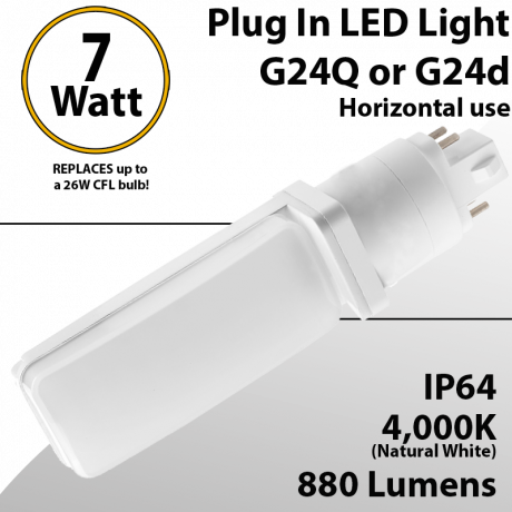 Plug In LED light G24Q or G24D 7W 880Lm 4000K IP64 UL. Direct Line (Remove Ballast)