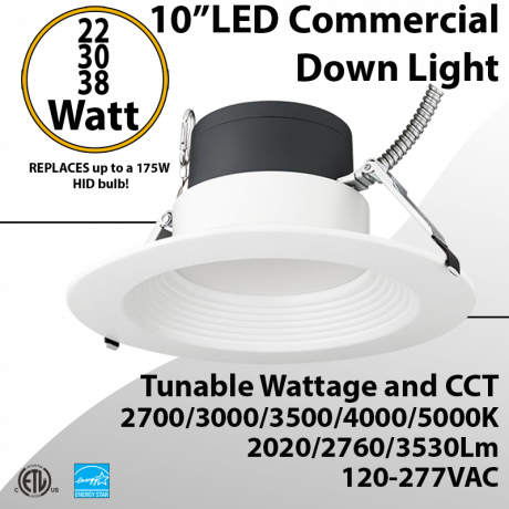LED commercial down light 10inch 22/30/38W 3530lm 100-277V 27/30/35/40/50K Dimmable