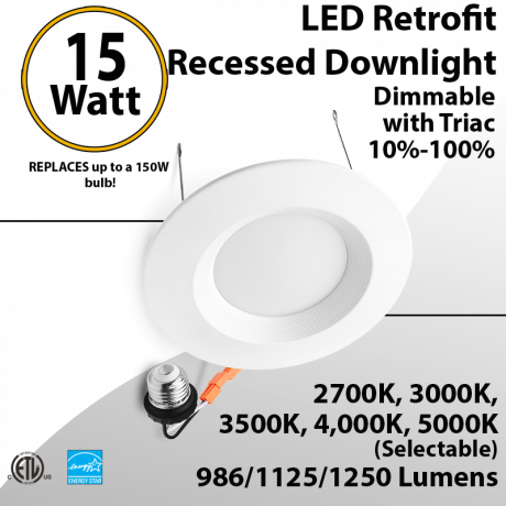 Recessed downlight retrofit 6" 15W 1250Lm 100-277V Tunable Watt and CCT