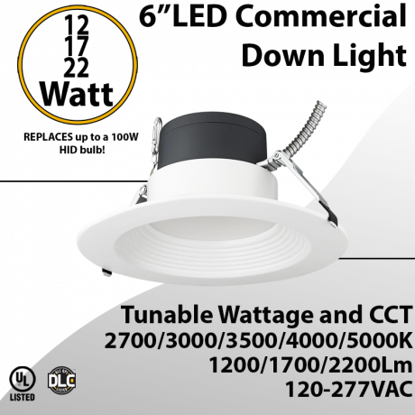 LED commercial down light 6inch 12/17/22W 2200lm 100-277V 27/30/35/40/50K