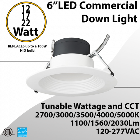 LED commercial down light 6inch 12/17/22W 2030lm 100-277V 27/30/35/40/50K