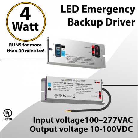 LED Emergency Backup Driver 4W output 10-100VDC UL