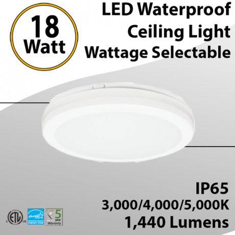 CCT Selectable 18W Waterproof LED Ceiling Light 1440lm 3000/4000/5000K