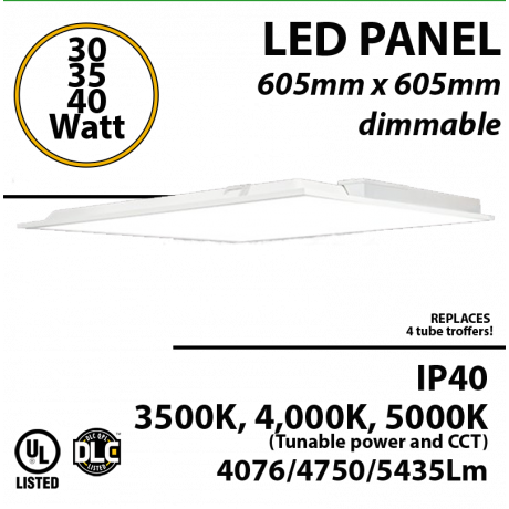 LED Panel Light 30W 35W 40W 5435Lm Back lit 3500K 4000K 5000K UL/DLC