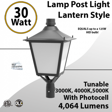 LED Post Light 30W LED Lantern Style 4064Lm 3000K 4000K 5000K Photocell