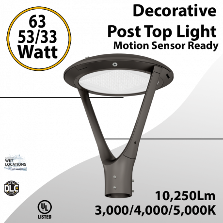 Decorative Post Top Light 63-33W 10250LM 3CCT Photocell M.Sensor