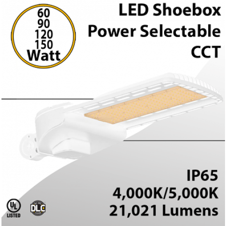 White LED Shoebox Light Power Selectable 60W to 150W 21000Lm 4000K/5000K