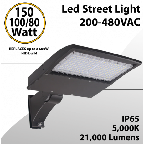 LED Street Light Fixture 150/100/80W 200-480VAC 21000Lm 5000K