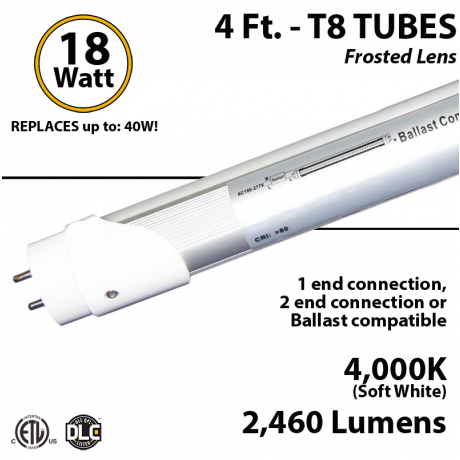 LED Tube light 18W 2460Lm, 4000K Frosted IP40 UL DLC Hybrid 1-2