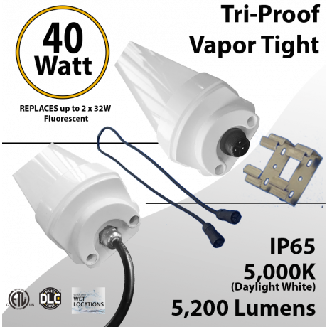 LED Vapor Tight Fixture 40W Plastic 5200 Lumens 5000K Frosted Lens IP65 UL