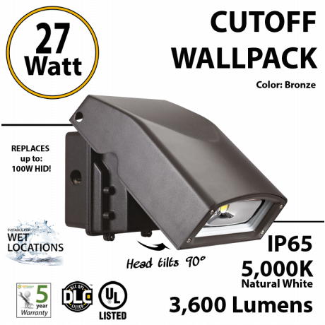 LED Wall Pack light 27W 3600Lm 5000K IP65 UL DLC