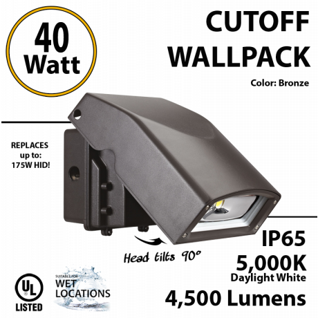 2Pcs/Pack 40Watt Full Cut Off LED Wall Pack Light 5000K ETL DLC Replace 300W HID 